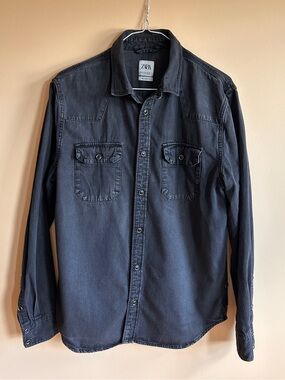 Zara Charcoal Black Long-Sleeve Button-Down Shirt